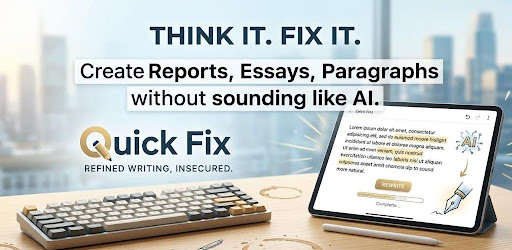 QuickFix promotional banner: create reports, essays and paragraphs without sounding like AI